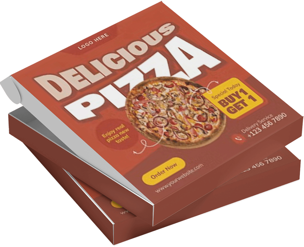 Two stacked pizza boxes with a red design. The top box says “DELICIOUS PIZZA” with a photo of a pizza, a “Buy 1 Get 1” offer, and contact info for ordering and delivery.