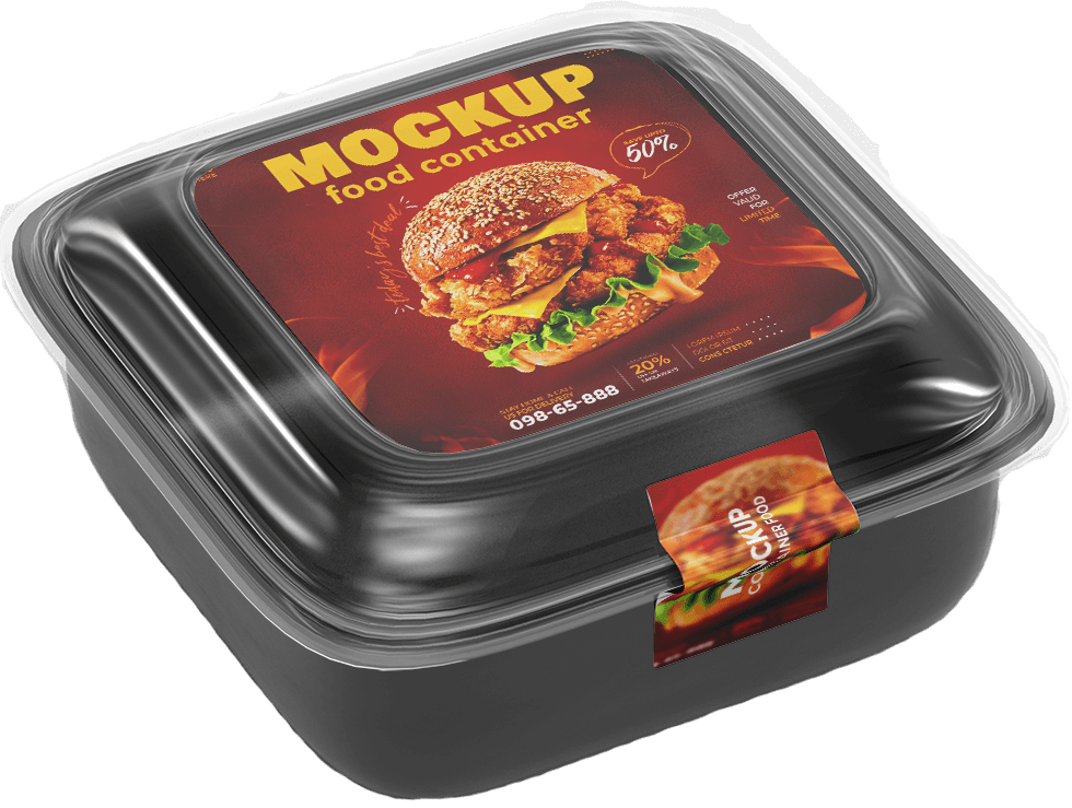 A black plastic food container with a clear lid, featuring a colorful label showing a fried chicken sandwich with lettuce in a bun. The label reads “MOCKUP food container” with contact details and promotion text.
